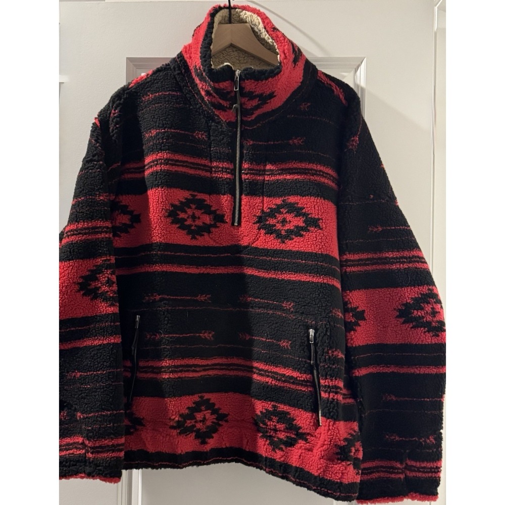 STS Ranchwear 2XL Sherpa Fleece Pullover Red Black Southwestern Aztec 1/4 Zip